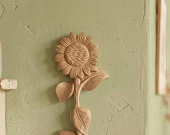 ひまわりの壁飾り、花飾り、木彫り、手作り、吊り下げ飾り、部屋飾り
