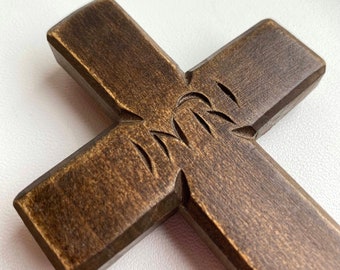 Wooden Simple Cross Carved, Wood Wall Art Hanging Cross Old Style, Small Home Decor, Primitive Crucifix