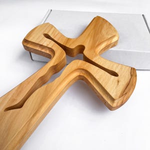 Carved Wood Cross, Hanging Crucifix Wall, Catholic Religious Decor, Primitive Crosses for Home