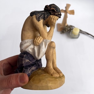 Wooden Carved Statuette of Pensive Jesus Christ Sitting on Stone, Christian Sculpture, Easter Wood Work, Contemplation Statue, Holy Figurine