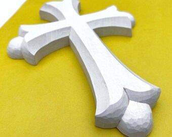 Small White Wall Cross Carved, Wall crucifix, Wood cross for girl, Decorative crosses, Unique modern cross decor for Nursery