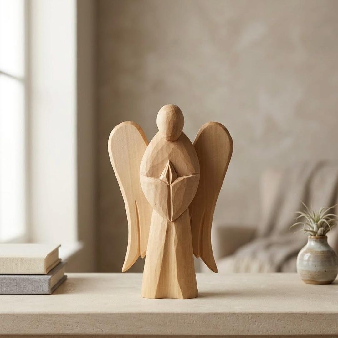 Wooden Standing Angel Table Decor, Unfinished Hand Carved Rustic Statue ...