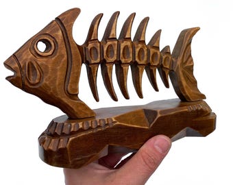 Carved Wood Fish Statuette, Handcrafted Souvenir, Rustic Standing Figurine, Fish Sculpture, Unique Nautical Decor Accent