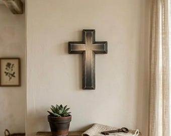 Wooden Carved Cross Wall, Small or Large Decorative Primitive Crosses, Hanging Catholic Rustic Style, Black Crosses