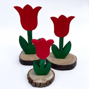 Multicolored Wooden Tulips on Stand, Spring Wood Collection Decor, Painted Tulips, Bright Accents on Wood, Cut Out Flowers, Farmhouse Style