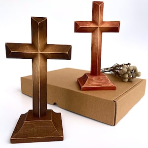 Standing Wooden Cross, Carved Modern Crucifix, Mantel Table Shelf Decor, Altar Crosses, Small Religious Gift