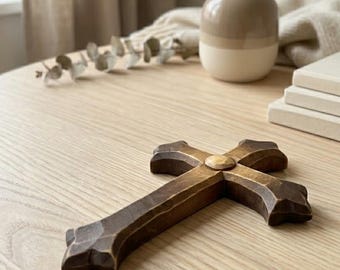 Hand Carved Wooden Cross Wall Decor Modern Christian Gift Rustic Home Accent Art