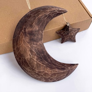 Holz Geschnitzter Hängemond, Set Halbmond und Stern, Himmlische Girlande, Wohnzimmer Ornament, 3D Mond Suncatcher, Regaldekoration