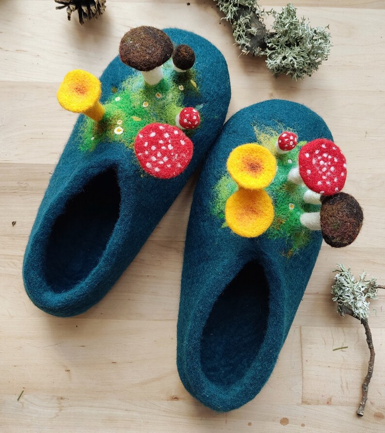 Felted mushroom slippers. Blue woman slippers with needle felted mushrooms. TO ORDER image 3