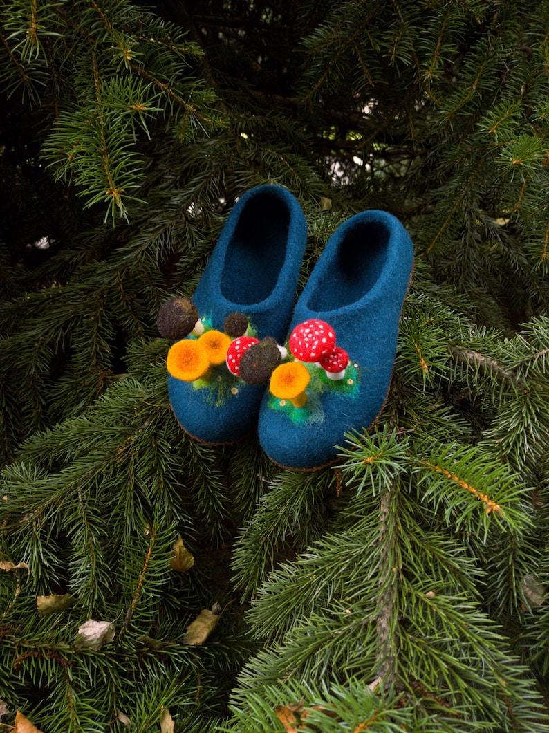 Felted mushroom slippers. Blue woman slippers with needle felted mushrooms. TO ORDER image 1