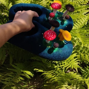 Felted mushroom slippers. Blue woman slippers with needle felted mushrooms. TO ORDER image 5