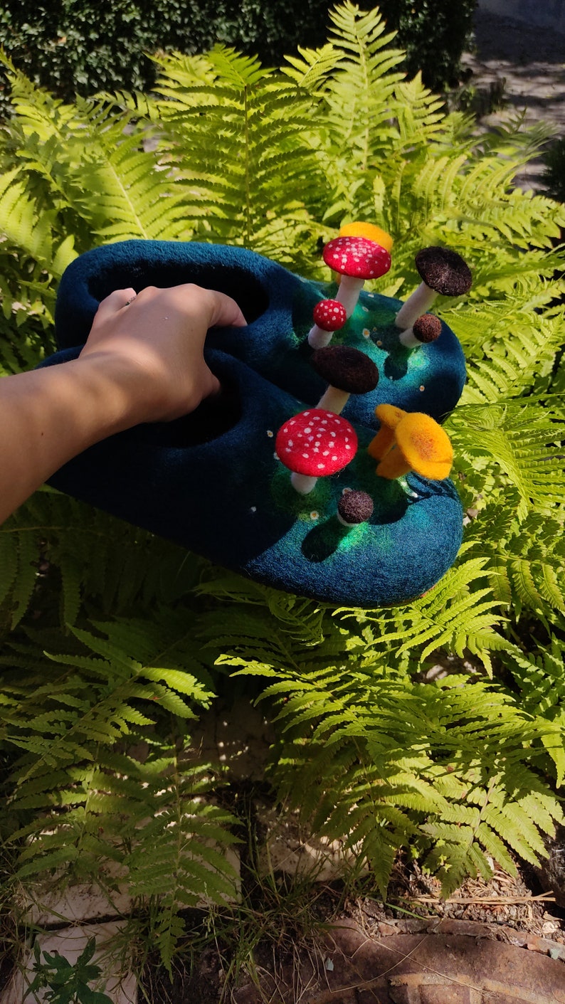 Felted mushroom slippers. Blue woman slippers with needle felted mushrooms. TO ORDER image 5