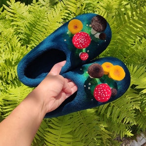 Felted mushroom slippers. Blue woman slippers with needle felted mushrooms. TO ORDER image 4