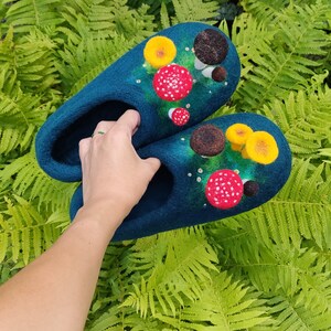 Felted mushroom slippers. Blue woman slippers with needle felted mushrooms. TO ORDER image 2