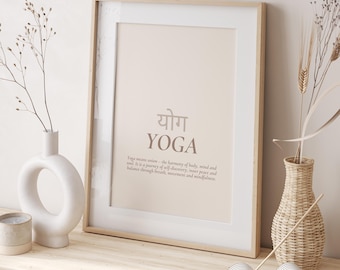 Yoga Poster – Meaning of Yoga, Spiritual Art, Mindfulness Decor, Inspiration for Yogis, Yoga Studio Decor, minimal art, Sanskrit, interior