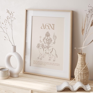 Op de afbeelding: Een ingelijste print met het woord "AGNI" en een illustratie van een godheid. Het kunstwerk, in neutrale tinten, bevat beschrijvende tekst. Het lichtgekleurde frame staat op een houten oppervlak. De print maakt deel uit van een wooncollectie.