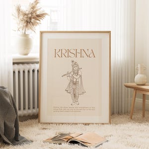 Op de afbeelding: Een beige poster met een bruine lijntekening van Krishna die fluit speelt. De tekst "KRISHNA" staat bovenaan de poster. De tekst onder de afbeelding luidt "Krishna, de goddelijke leraar en belichaming van liefde, wiens fluit niet alleen de oren aanspreekt, maar ook de ziel, en harten leidt naar waarheid en geluk."