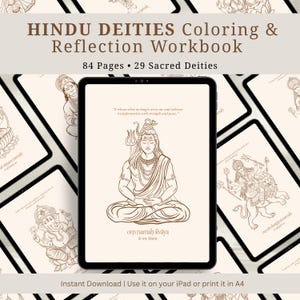 May include: A digital Hindu Deities colouring and reflection workbook. The cover features an illustration of a meditating deity. The workbook includes 84 pages and 29 sacred deities. The text reads "Instant Download | Use it on your iPad or print it in A4."