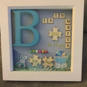 May include: A white shadow box with a blue letter B, a blue baby carriage, a blue bunny, and puzzle pieces with the text "19th March 2016 00:28am 8lb 5oz".