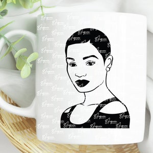 May include: Black and white line art illustration of a woman with short hair. The woman is looking to the side and has a serious expression on her face.