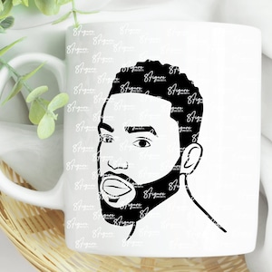 May include: Black and white line art illustration of a man's face with a beard on a white mug.