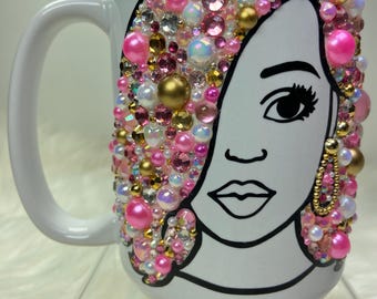 Lala Mae- Beautiful African American woman bling mug| Custom bedazzled mug gift| Blinged coffee mug| Woman bling mug| Rhinestone mug