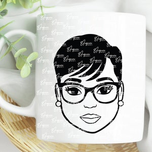 May include: Black and white illustration of a person with short hair wearing glasses and earrings. The person is looking directly at the viewer.