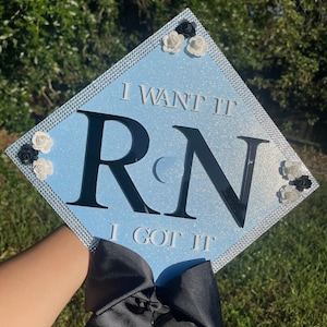 Nurse RN Graduation Cap Topper Personalized Custom Glitter Floral Cap with Bow