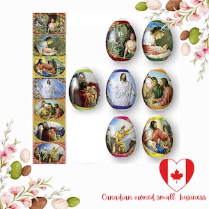 Op de afbeelding: Geschilderde paaseieren met religieuze scènes, waaronder Jezus en bijbelse verhalen. Er is ook een strook met vergelijkbare afbeeldingen. De afbeelding bevat de tekst "Canadian owned small business".