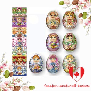 May include: Six colourful, decorated Easter eggs with a Russian nesting doll theme. Each egg features a different doll design with intricate details. The eggs are arranged in two rows of three. A Canadian flag is in the bottom right corner of the image. Canadian owned small business.
