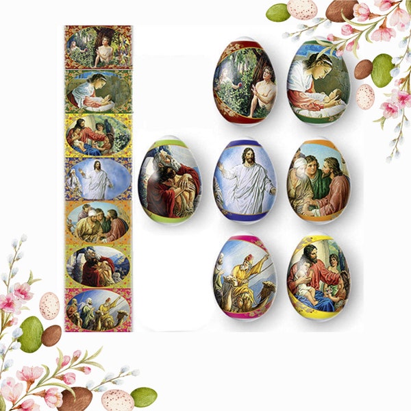 Easter eggs shrink wrap sleeves for 7 Religious Bible Jesus Eggs, Ukaine pysanky Orthodox easy decorative eggs, vintage sleeve stickers