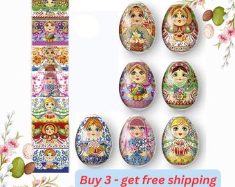 Easter eggs shrink wrap sleeves for 7 matryoshka Eggs, Pysanky faberge decorative eggs for easter basket, vintage Easter stickers.