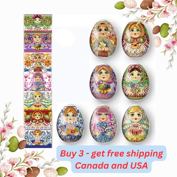 Easter eggs shrink wrap sleeves for 7 matryoshka Eggs, Pysanky faberge decorative eggs for easter basket, vintage Easter stickers.