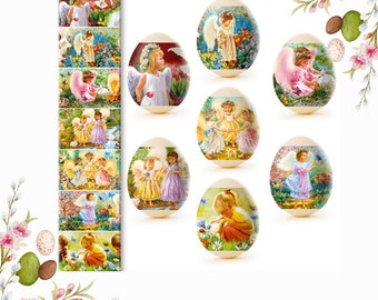 Easter eggs shrink wrap sleeves for 7 Orthodox angels girls paintings Eggs, Ukraine pysanky ornaments for vintage easter basket stickers.