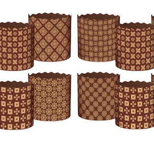 Puede incluir: Doce moldes para hornear de papel marrón y dorado con patrones.