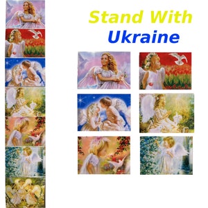 May include: A collage of images featuring angels with wings, doves, and flowers. The images are set against a variety of backgrounds, including blue skies, green fields, and red flowers. The text "Stand With Ukraine" is displayed in yellow and blue letters.