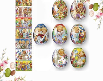 Easter eggs shrink wrap sleeves for 7 Orthodox angels paintings Eggs, Ukrainian Pysanky eggs ornaments for easter basket, vintage stickers.