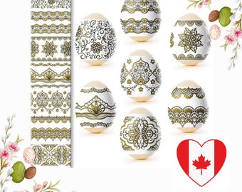 Embalagem termoencolhível para 7 ovos de Páscoa com pinturas douradas ortodoxas, enfeites ucranianos pysanky para cesta de Páscoa, adesivos vintage de Páscoa.