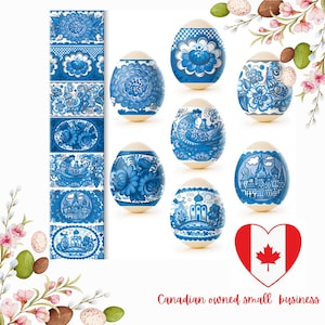 Puede incluir: Ocho huevos de Pascua pintados en azul y blanco con varios diseños, incluyendo patrones florales, pájaros y edificios. Los huevos están dispuestos en un círculo alrededor de un corazón de bandera canadiense con el texto "Pequeña empresa de propiedad canadiense".
