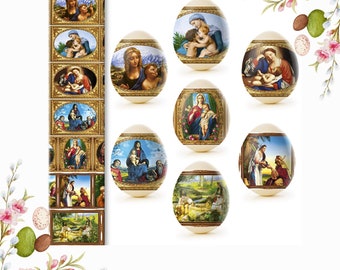Easter eggs shrink wrap sleeves for 7 orthodox icons paintings Eggs, Ukrainian pysanky religious decorative faberge design Easter stickers.