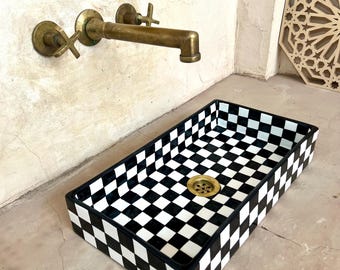 Moroccan rectangular washbasin sink, handmade, Checkered Black Design, Bathroom & kitchen decoration, Black ceramic sink, Free Drain + Gift