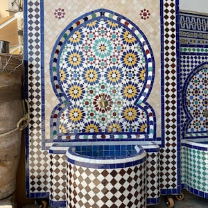Custom Moroccan Mosaic Fountain – Handmade Zellige Tile Water Feature for Garden, Patio, or Home Decor