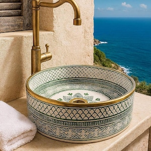 Handmade Moroccan Ceramic Sink with Brass Rim, Eco-Friendly Fish Scale Design Washbasin for Bathroom, Kitchen or Farmhouse Use, Freeshipping