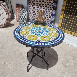 Round handmade royal mosaic table, custom Moroccan table with complex geometric mosaic tiles for outdoor and indoor
