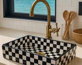 Handmade Moroccan Rectangular Ceramic Sink: Checkered Black Design, Free Drain