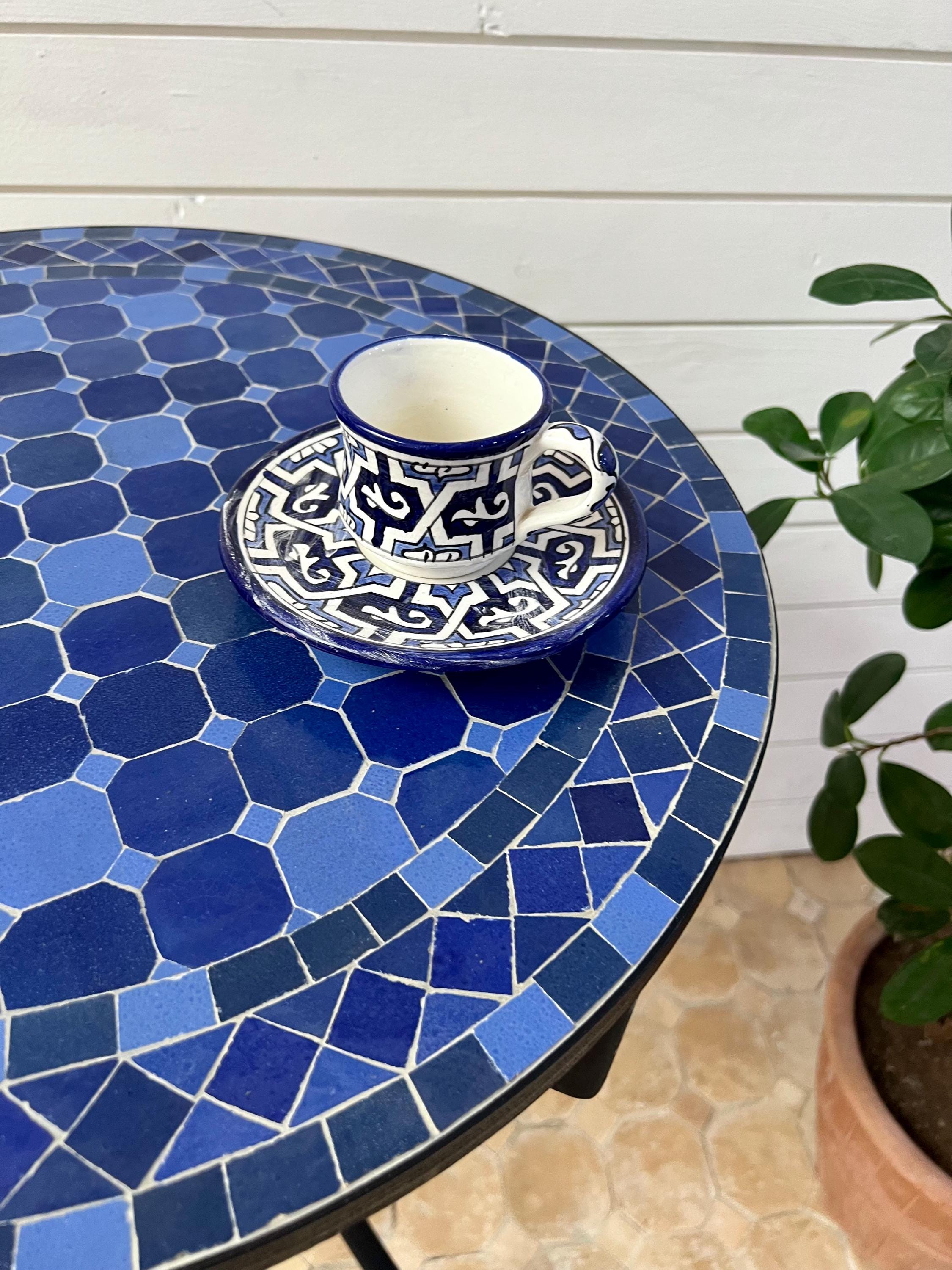 手作りモロッコモザイクテーブル：ブルーゼリージュコーヒーテーブル