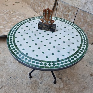 Round handmade royal mosaic table, custom Moroccan table with complex geometric mosaic tiles for outdoor and indoor