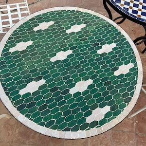 Round handmade royal mosaic table, custom Moroccan table with complex geometric mosaic tiles for outdoor and indoor