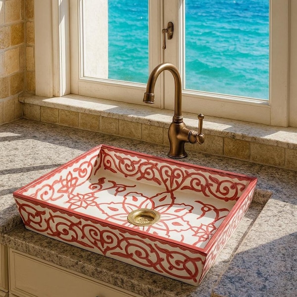 Lavabo marocain en céramique fait main : design orchidée, lavabo rectangulaire