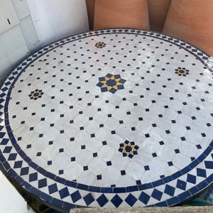 Round handmade royal mosaic table, custom Moroccan table with complex geometric mosaic tiles for outdoor and indoor